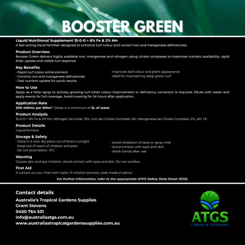 Booster Green liquid lawn fertiliser for deep green turf colour Australia